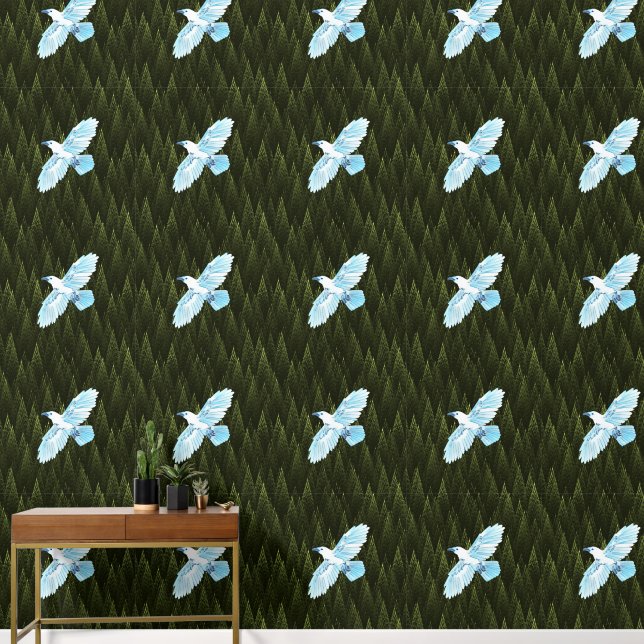 White Raven on Fractal Conifers Wallpaper (Hallway)