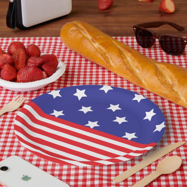 White Red and Blue Stars Stripes Paper Plate (Picnic)