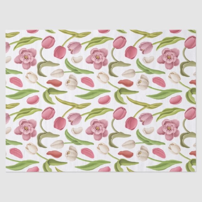 White, Red, and Pink Tulips on White Decoupage Tissue Paper (Front)