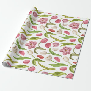 White, Red, and Pink Tulips on White Decoupage Wrapping Paper