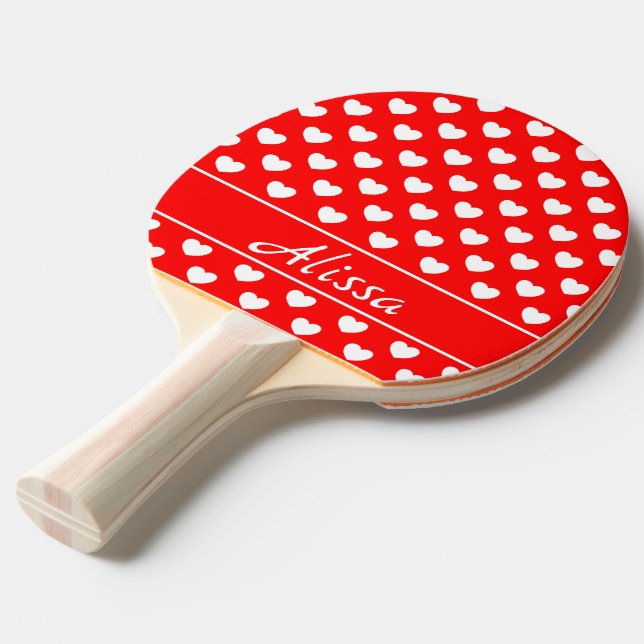 White, Red, Black Hearts Pattern, Name Template  Ping Pong Paddle (Front Angle)