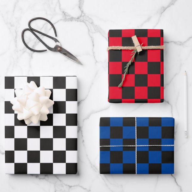 White Red Blue Chequered  Wrapping Paper Sheets (Front)