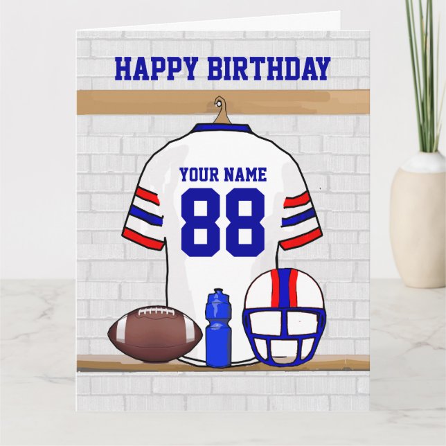 White Red Blue Football Jersey Happy Birthday Card (Front)