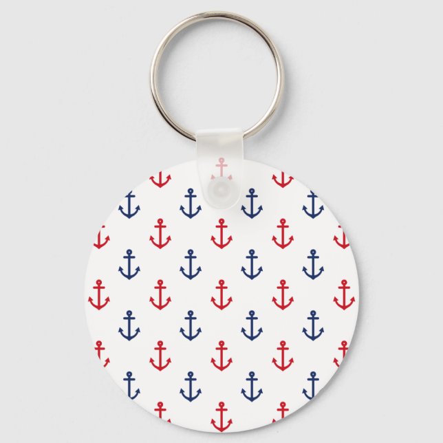White Red Blue Nautical Anchor Pattern Keychain (Front)