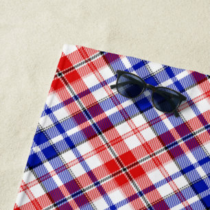 White Red Blue Plaid Tartan Design  Beach Towel