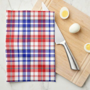 White Red Blue Plaid Tartan Design Kitchen Towel