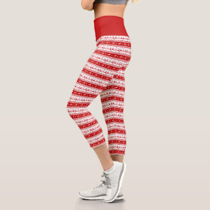 White & Red Christmas Deer and Sleigh Pattern Capri Leggings