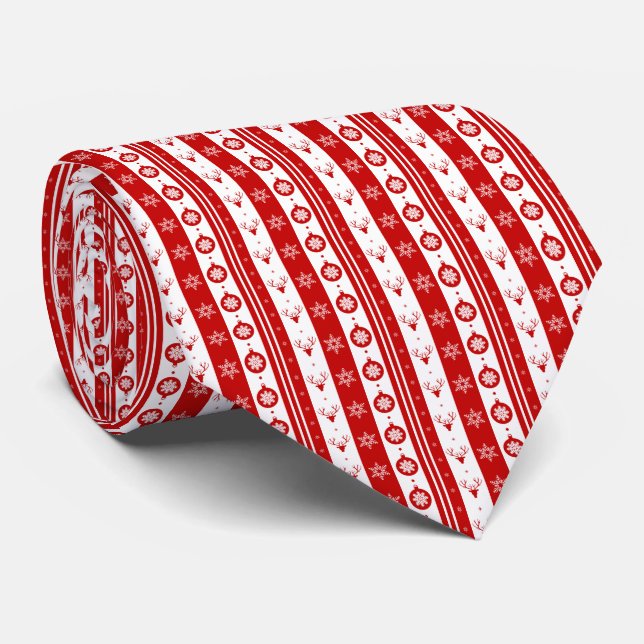 White & Red Christmas Deer and Snowflakes Tie (Rolled)