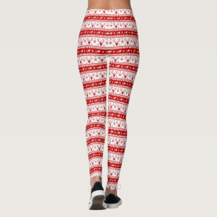 White & Red Christmas Deer Heads Pattern Leggings