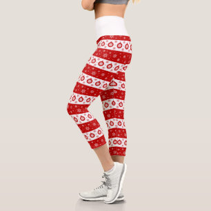 White & Red Christmas Snowflakes and Balls Capri Leggings