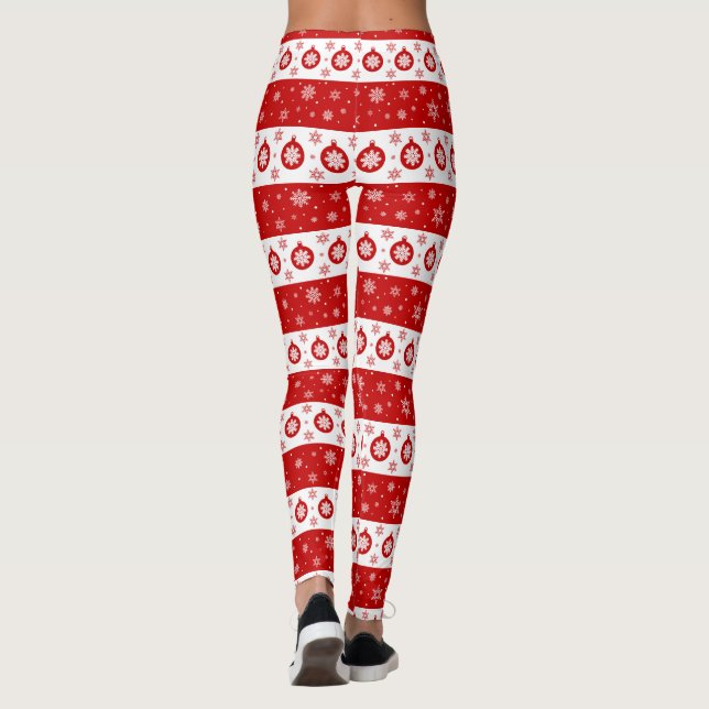 White & Red Christmas Snowflakes and Balls Leggings (Back)