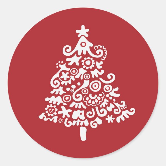 White & Red Christmas Tree Classic Round Sticker (Front)