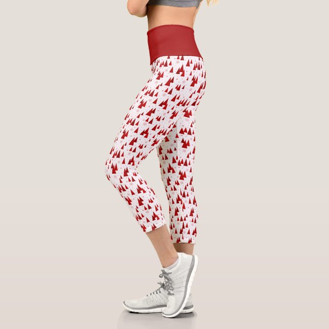White &amp; Red Christmas Tree with Snowflakes Pattern Capri Leggings (Left)