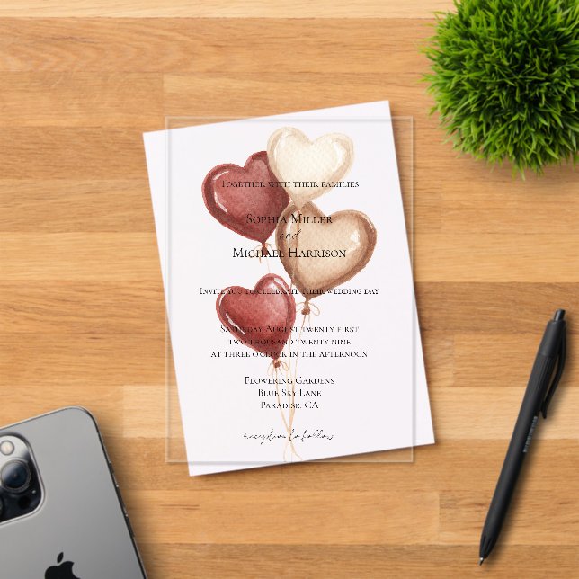 White Red Cream Heart Balloons Wedding Acrylic Invitations (Insitu (Invitation Card))