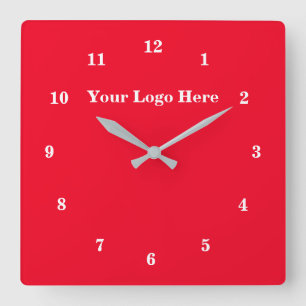 White Red - Customizable - Add Your Logo / Text Square Wall Clock