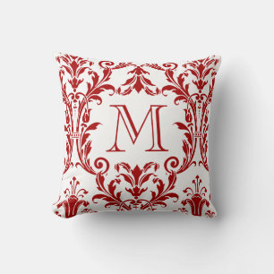 White & Red Damask Floral Swirls Monogram Throw Pillow