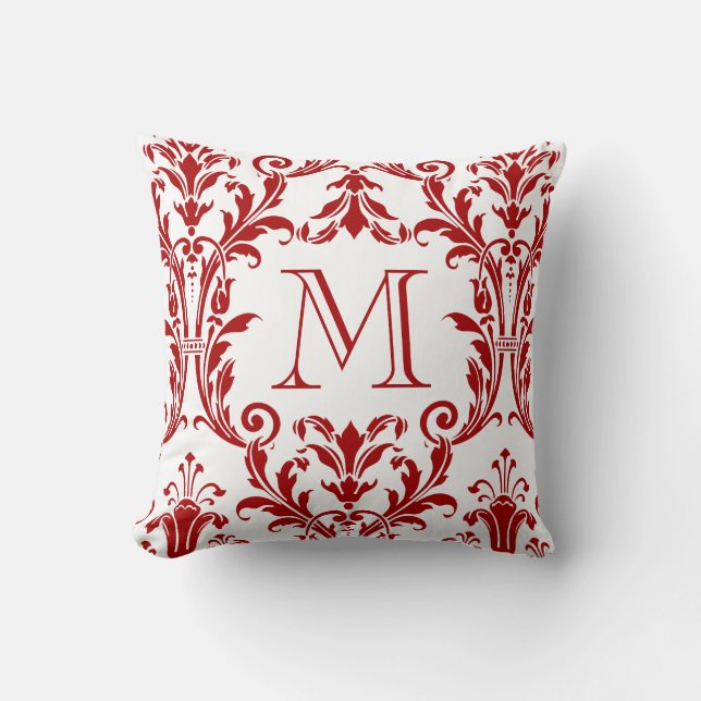 White & Red Damask Floral Swirls Monogram Throw Pillow (Front)