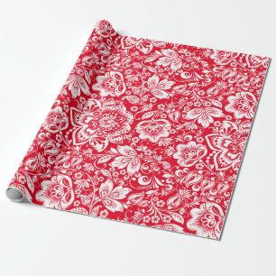 White & red Floral Damasks Pattern Wrapping Paper