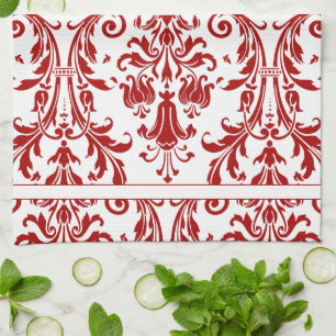 White Red Floral Swirls Damask Monogram Kitchen Towel