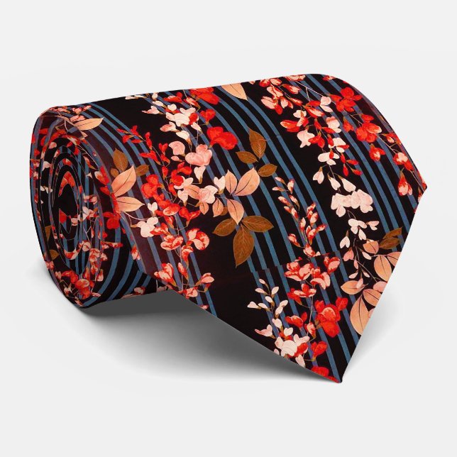 WHITE RED FLOWERS, BLUE BLACK STRIPES Floral  Tie (Rolled)