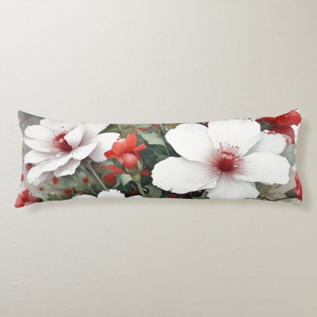 White & Red Flowers Elegant Watercolor Body Pillow (Front)