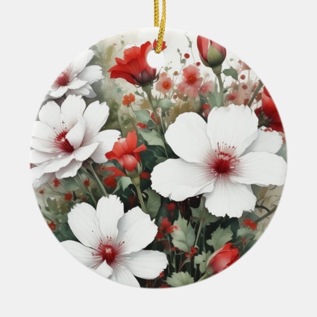 White & Red Flowers Elegant Watercolor Ceramic Ornament (Front)
