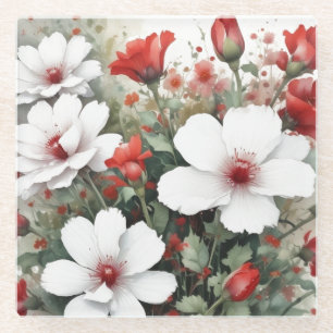 White & Red Flowers Elegant Watercolor Glass Coaster