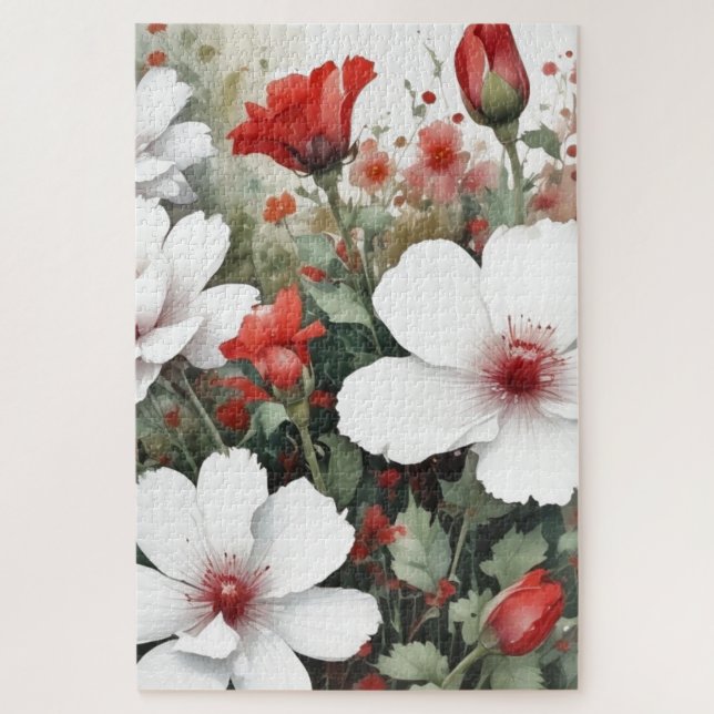 White & Red Flowers Elegant Watercolor Jigsaw Puzzle (Vertical)