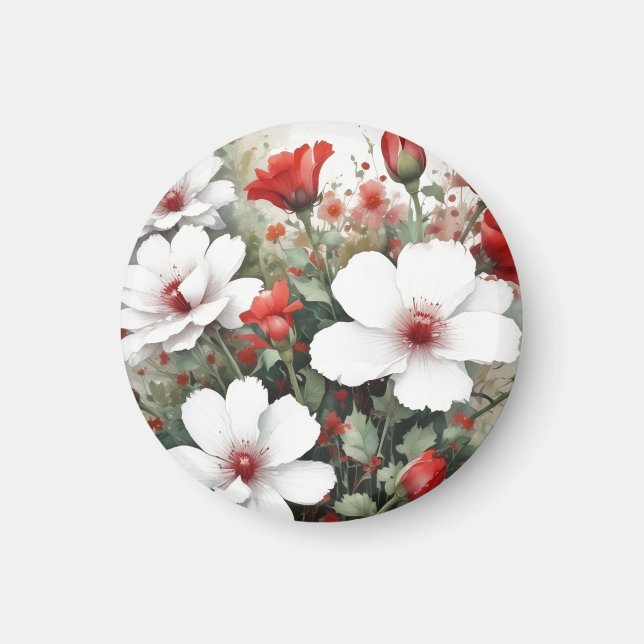 White & Red Flowers Elegant Watercolor Magnet (Front)