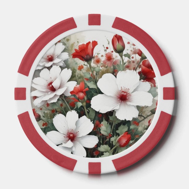 White & Red Flowers Elegant Watercolor Poker Chips (Front)