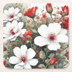 White & Red Flowers Elegant Watercolor Square Paper Coaster