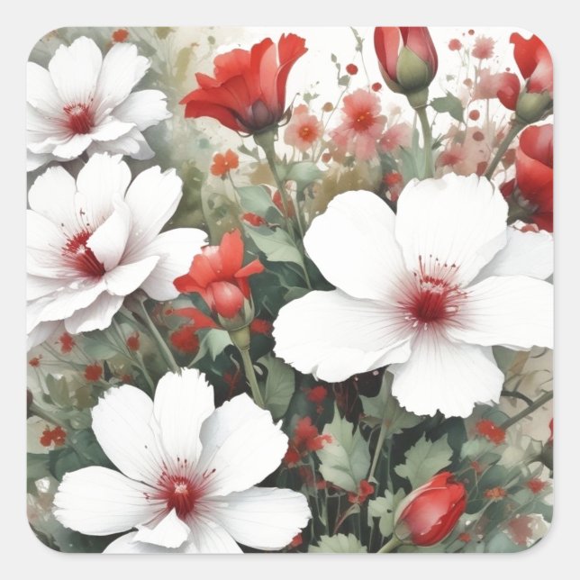 White & Red Flowers Elegant Watercolor Square Sticker (Front)