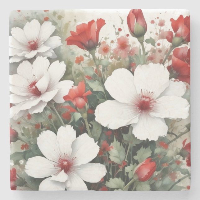 White & Red Flowers Elegant Watercolor Stone Coaster (Front)