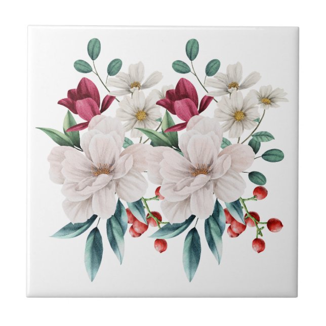White Red Flowers Floral Kitchen Bathroom Remodel  Tile (Front)