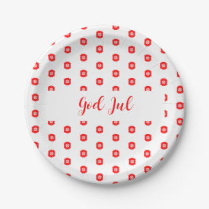 White Red God Jul Merry Christmas Pattern Paper Plate