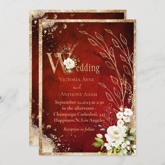 White Red Gold Botanical Floral Rustic Wedding Invitation (Front/Back)