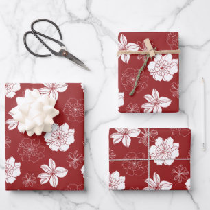 White & Red Graphic Floral Pattern Wrapping Paper Sheet