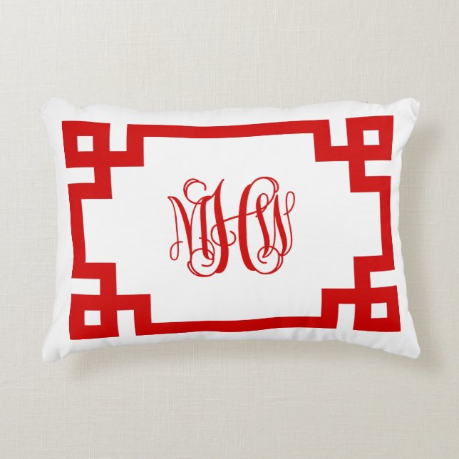 White Red Greek Key Vine Monogram DIY BG Accent Pillow (Front)