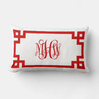 White Red Greek Key Vine Monogram DIY BG Lumbar Pillow