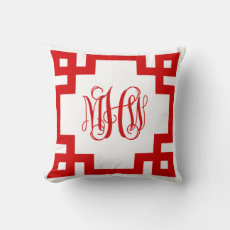 White Red Greek Key Vine Monogram DIY BG Throw Pillow