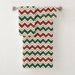White Red Green Beige Chevron Pattern Bath Towel Set