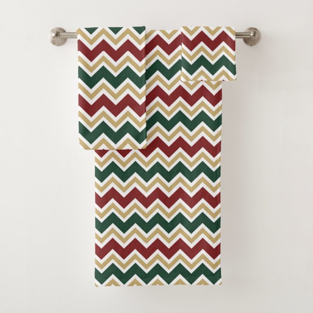White Red Green Beige Chevron Pattern Bath Towel Set (Insitu)
