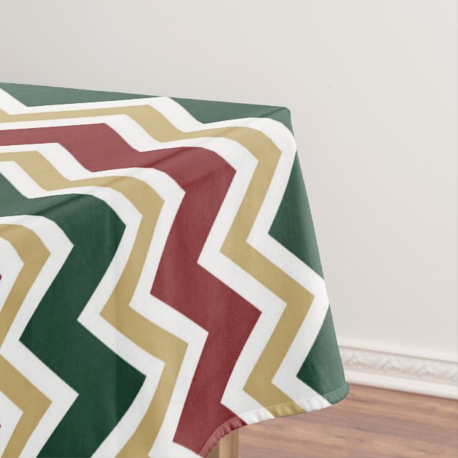White Red Green Beige Chevron Pattern Tablecloth (In Situ)