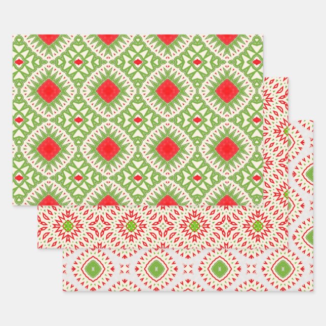 White Red Green Ethnic Bohemian Mosaic Patterns Wrapping Paper Sheet (Set)