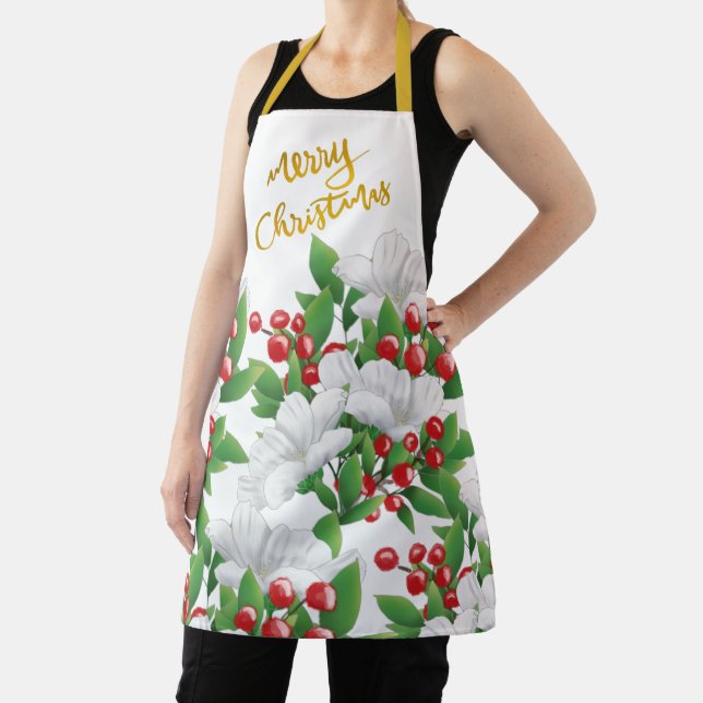 White Red Green Floral | Gold Merry Christmas Apron (Insitu)