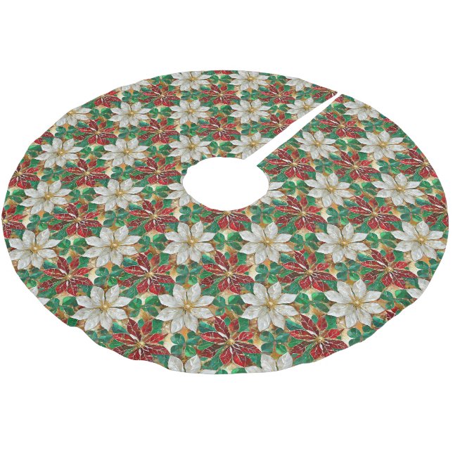 White Red Green Gold Poinsettia Brushed Polyester Tree Skirt (Angled)