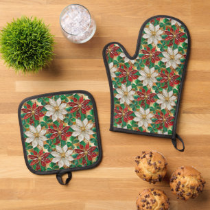 White Red Green Gold Poinsettia Oven Mitt & Pot Holder Set