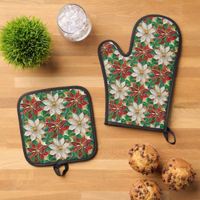White Red Green Gold Poinsettia Oven Mitt & Pot Holder Set (Top Down)