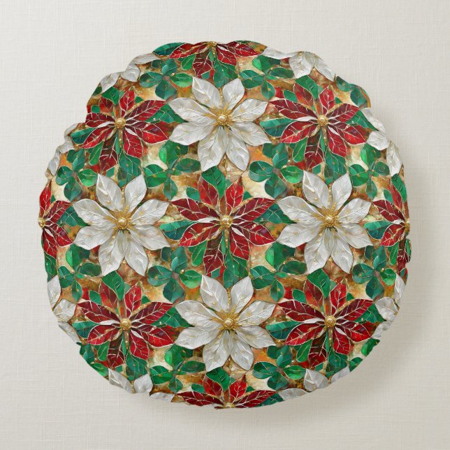 White Red Green Gold Poinsettia Round Pillow (Front)