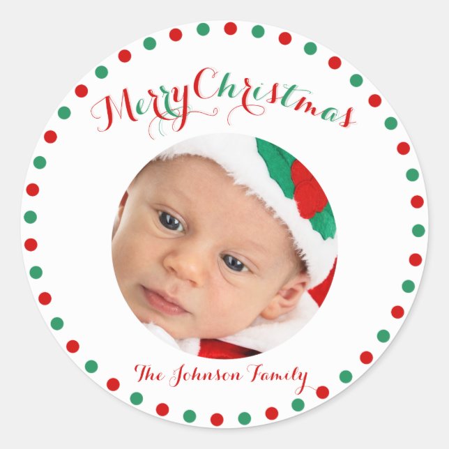 White Red Green Round Photo Christmas Stickers (Front)
